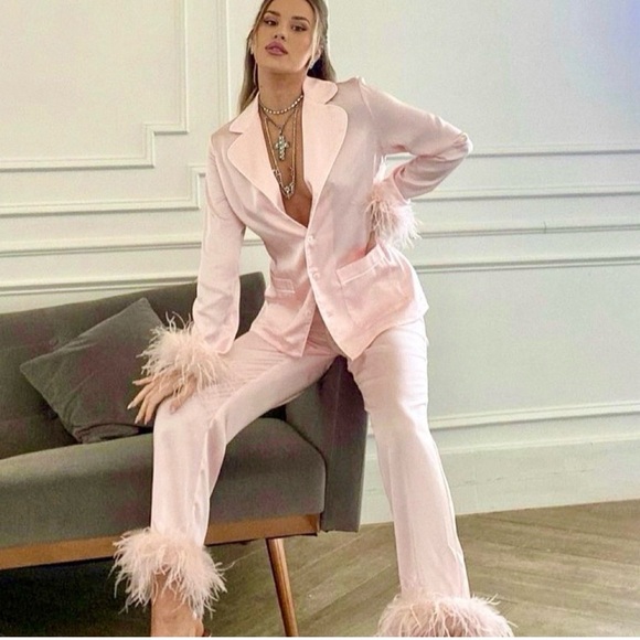 NADINE MERABI Other - NADINE MERABI Blush Satin Feather-Trim Pajama Set